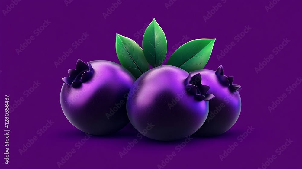 Shiny blueberries, leaves, purple background, 3D render, food design Shiny blueberries, leaves, purple background, 3D render, food design