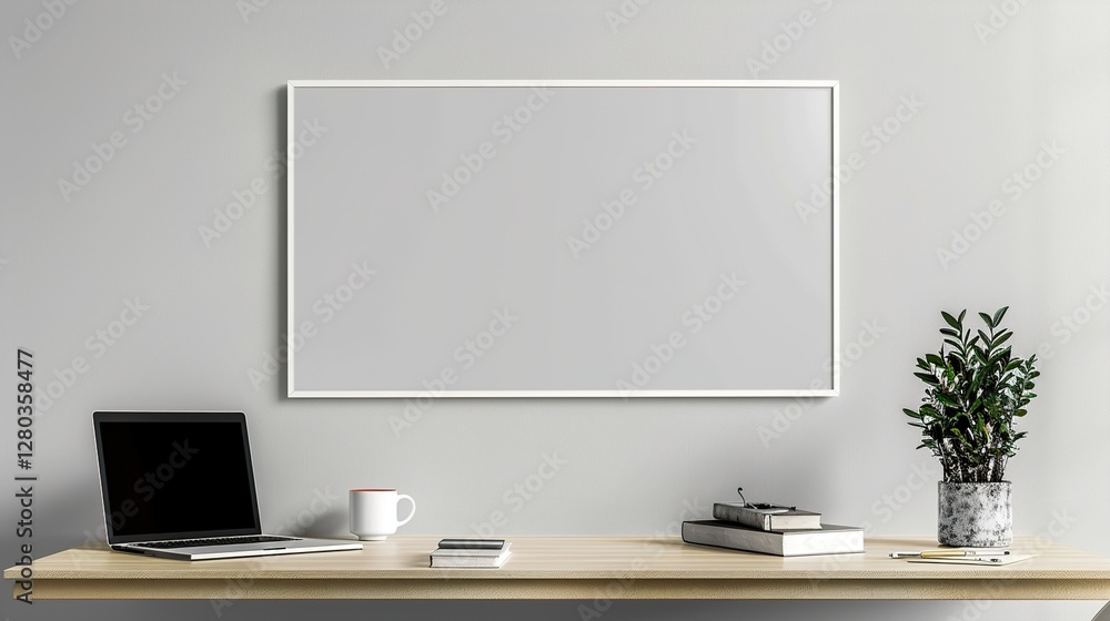 Obraz premium A white rectangular frame above a desk in a modern home office, with a coffee mug, a laptop, and a small stack of books. HD 8K mockup wallpaper Photographic Image