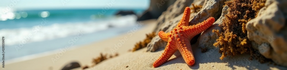 Close-up view of starfish clinging to Second Beach rock, seaweed visible , rock, animal Close-up view of starfish clinging to Second Beach rock, seaweed visible , rock, animal