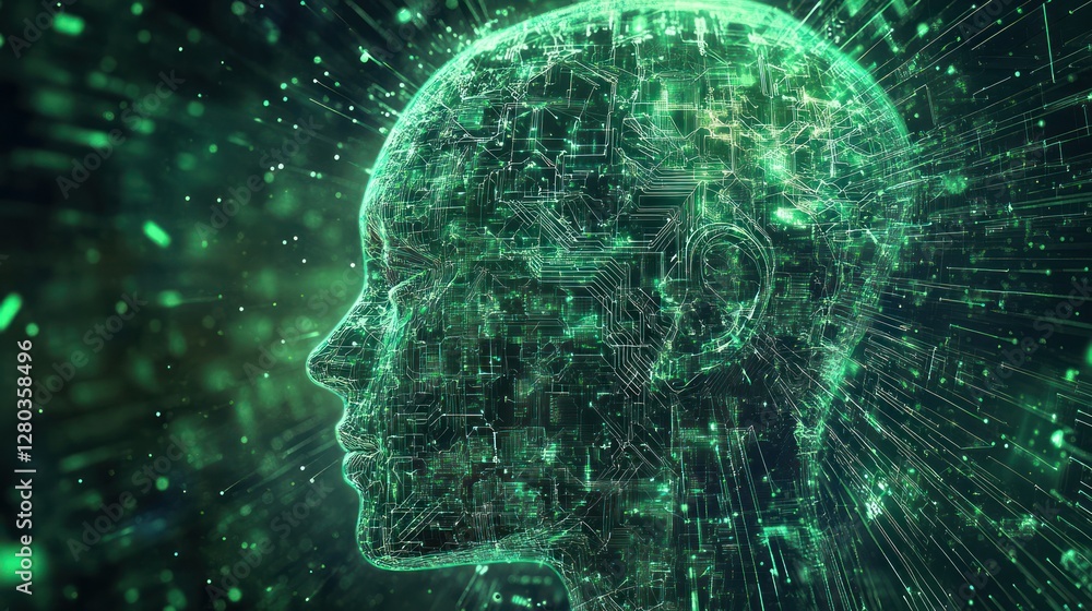 Futuristic digital representation of a human head with glowing circuitry and data streams Futuristic digital representation of a human head with glowing circuitry and data streams