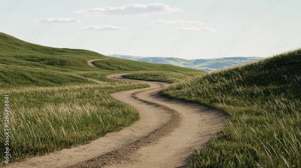 Serene Winding Dirt Path Through Lush Green Hills Under a Clear Sky in the Countryside Landscape Serene Winding Dirt Path Through Lush Green Hills Under a Clear Sky in the Countryside Landscape