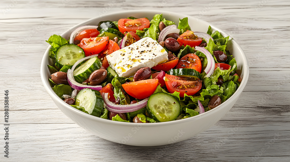 Greek salad with fresh vegetables, olives, feta cheese, and olive oil in a white ceramic bowl on a wooden table. Healthy Mediterranean cuisine Greek salad with fresh vegetables, olives, feta cheese, and olive oil in a white ceramic bowl on a wooden table. Healthy Mediterranean cuisine