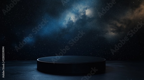 Black circular platform in the center of a dark room with a starry night sky in the background. the sky is filled with stars and the milky way galaxy is visible in the top right corner.