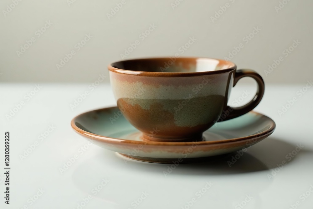 Fototapeta premium Simple ceramic cup in a shallow dish with reflection, cup, brown, ceramic item
