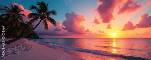 Vibrant sunset hues paint the sky, reflecting on calm sea; lone coconut tree silhouetted on pristine beach , golden hour, serene, coconut tree