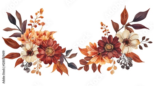 Autumnal Floral Watercolor Arrangement:  A stunning watercolor painting of two elegant autumnal floral bouquets featuring rich burgundy, burnt orange, and cream flowers, and  lush foliage.