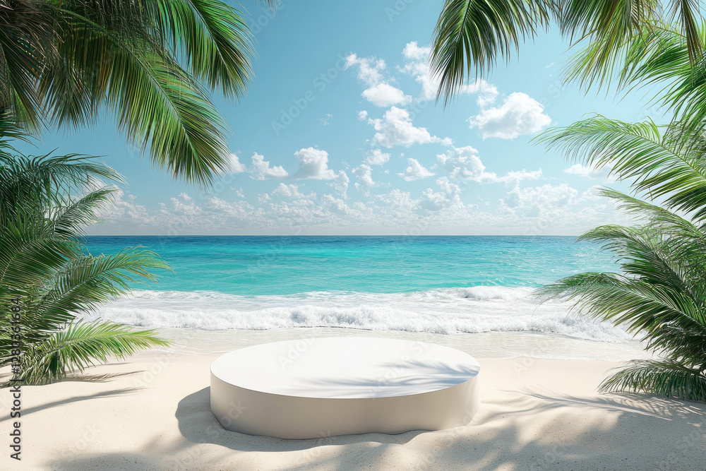Inviting white podium set on a serene tropical beach with palm trees framing the turquoise ocean, perfect for summer displays Inviting white podium set on a serene tropical beach with palm trees framing the turquoise ocean, perfect for summer displays