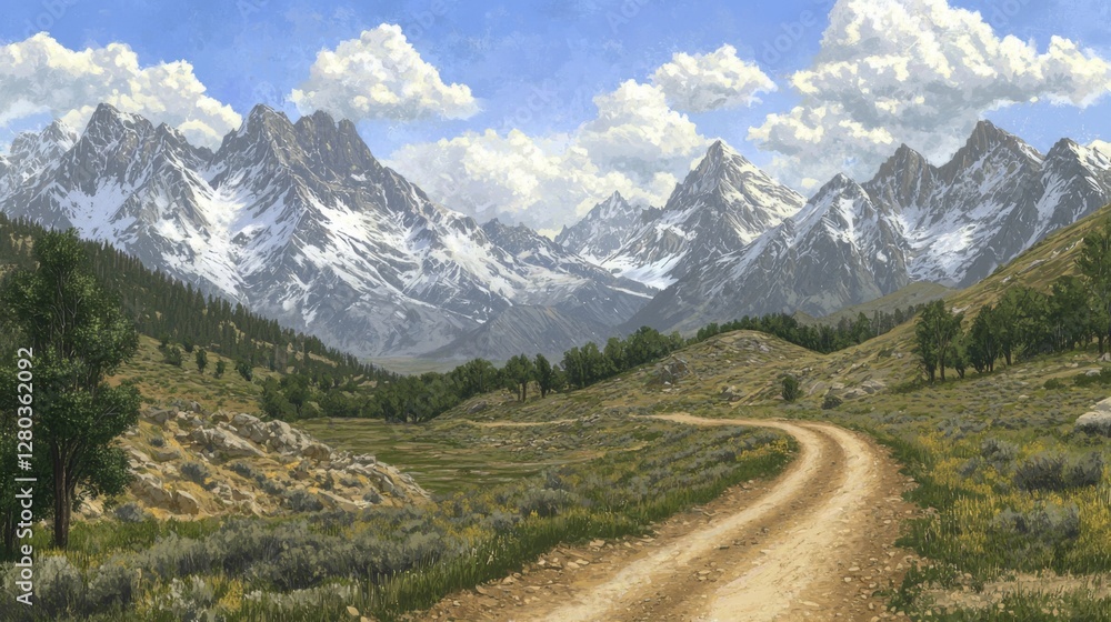 Serene Mountain Landscape with Lush Greenery and Scenic Dirt Road Under Clear Blue Sky and Fluffy White Clouds Serene Mountain Landscape with Lush Greenery and Scenic Dirt Road Under Clear Blue Sky and Fluffy White Clouds