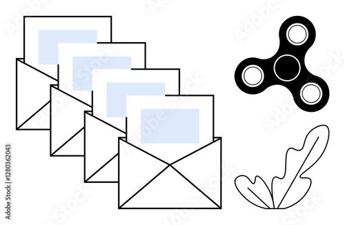 Four envelopes with letters arranged in a line, a fidget spinner, and a single leaf. Ideal for calm mind, focus, communication, relaxation, correspondence mindfulness productivity. Simple abstract