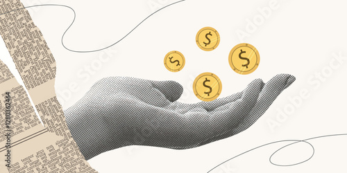Halftone Contemporary Collage Hand for trading, investments concept, marketing. Online Stock banner with finance elements, coins, money. Horizontal invest or business poster. Vector illustration.