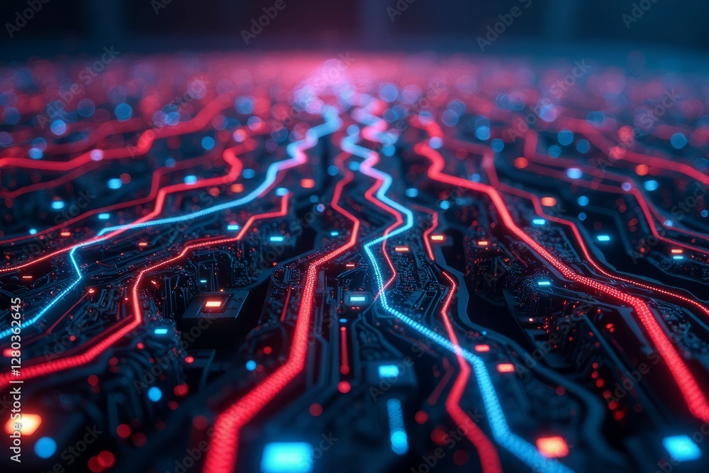 Fototapeta premium Red and blue illuminated circuit board with electrical connections