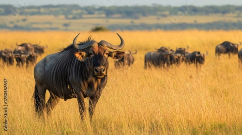 Blue Wildebeest in Golden Savanna Grassland photo