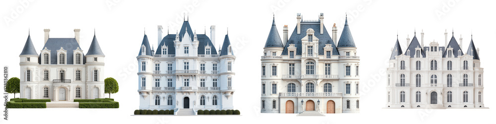 Obraz premium Elegant and Majestic French Chateaux and Mansions Architectural Landmarks Stunning Historic Castles Palaces and Manors with Towers Turrets and Ornate Facades Set in Picturesque Landscaped Gardens