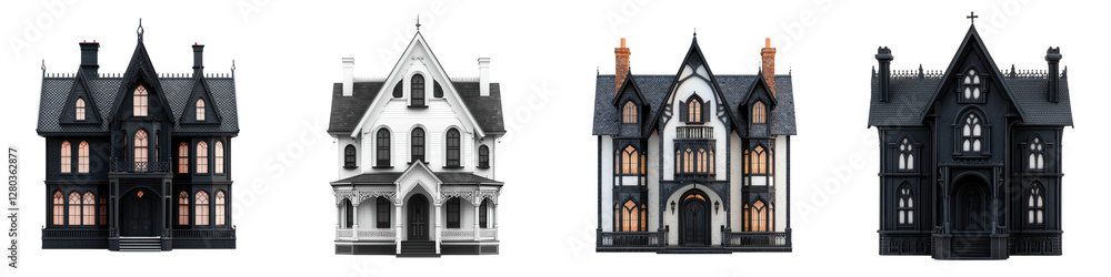 Fototapeta premium Majestic Gothic Mansions and Historic Homes Facade Architectural Designs Collection of ornate medieval and renaissance style historic buildings and landmarks with detailed facades towers