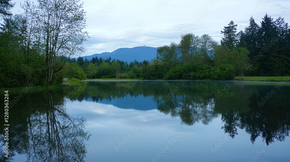 Fototapeta premium A tranquil lake reflecting the surrounding trees and mountains.