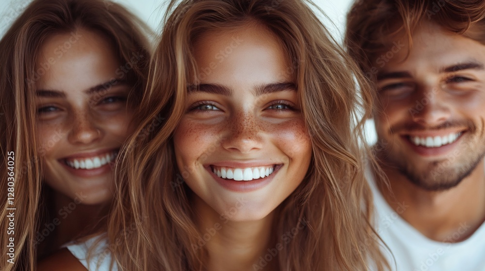 Three happy friends smiling together, showing white teeth Three happy friends smiling together, showing white teeth
