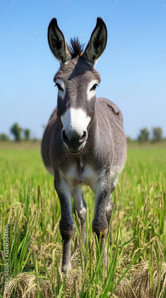 Portrait of a Donkey in a Rice Paddy Field Portrait of a Donkey in a Rice Paddy Field