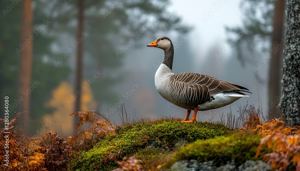 Greylag Goose on Mossy Rise, Autumn Forest Greylag Goose on Mossy Rise, Autumn Forest