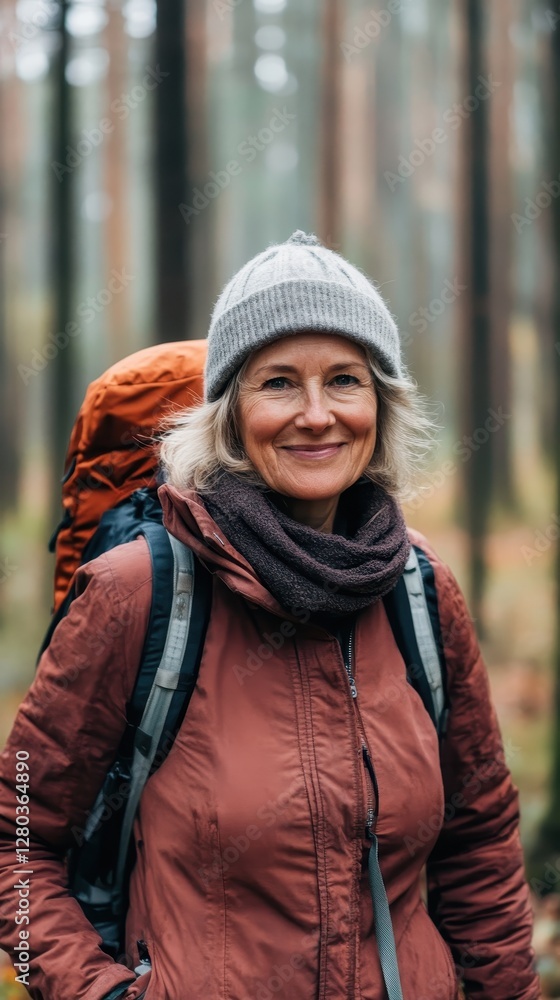 Smiling hiker woman in autumn forest Smiling hiker woman in autumn forest