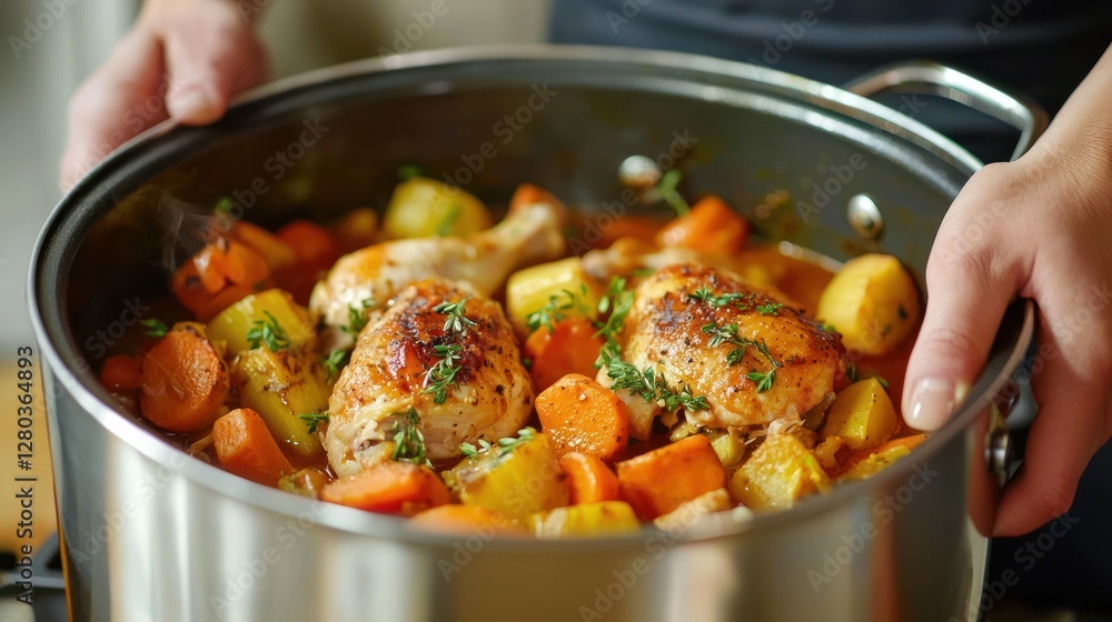 A person preparing a one-pot chicken and vegetable dish in the kitchen. A person preparing a one-pot chicken and vegetable dish in the kitchen.