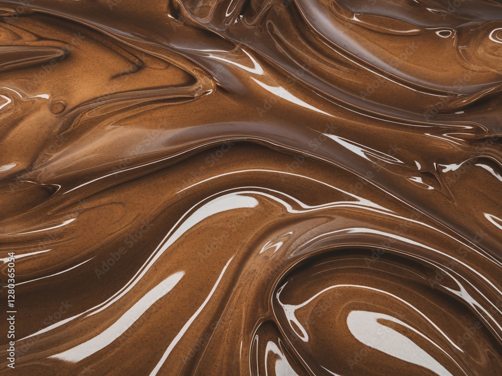 Rich, glossy chocolate sauce flowing in smooth, wavy patterns. Rich, glossy chocolate sauce flowing in smooth, wavy patterns.
