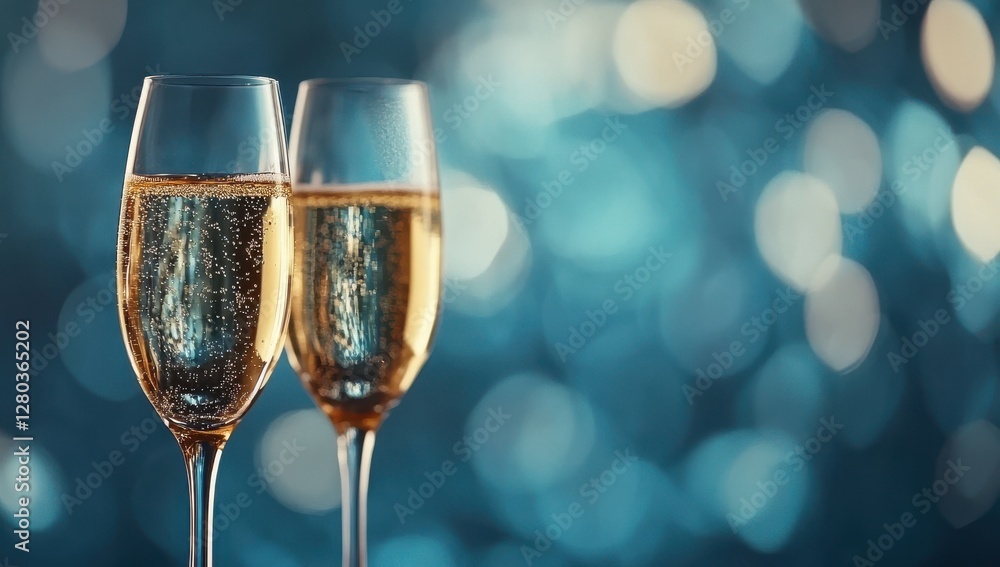 Elegant champagne glasses with sparkling golden drink on a festive blue bokeh background, perfect for celebrations and special occasions, luxury and joy Elegant champagne glasses with sparkling golden drink on a festive blue bokeh background, perfect for celebrations and special occasions, luxury and joy