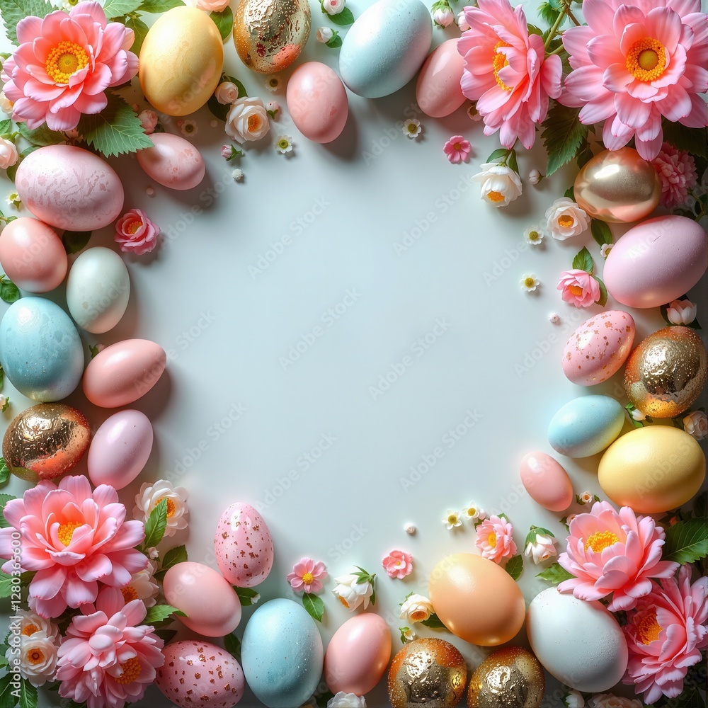 a beautifully arranged wreath composed of pastel-colored Easter eggs and vibrant flowers a beautifully arranged wreath composed of pastel-colored Easter eggs and vibrant flowers