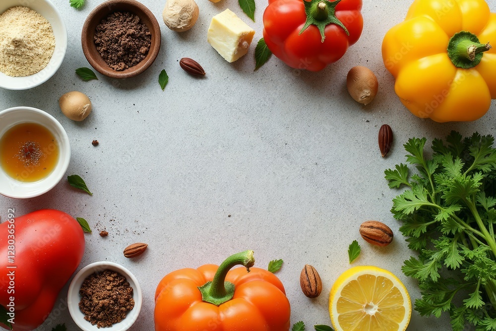 Fresh colorful food ingredients arranged on a grey surface overhead Fresh colorful food ingredients arranged on a grey surface overhead