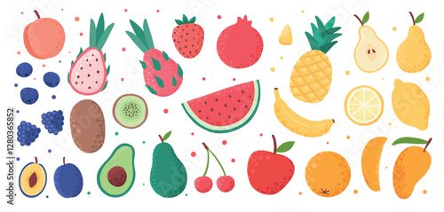 Hand drawn colorful fruits and berries. Trendy abstract minimal style. Natural tropical fruits. Fig, cherry, apple, peach, lemon, banana, avocado, pomegranate, pineapple, melon Vector illustration on 