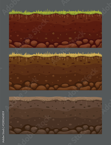 Seamless soil layers. Layered dirt clay, ground layer with stones and grass on dirts cliff texture, underground buried rock, archeology landscape cartoon vector pattern isolated set for your design