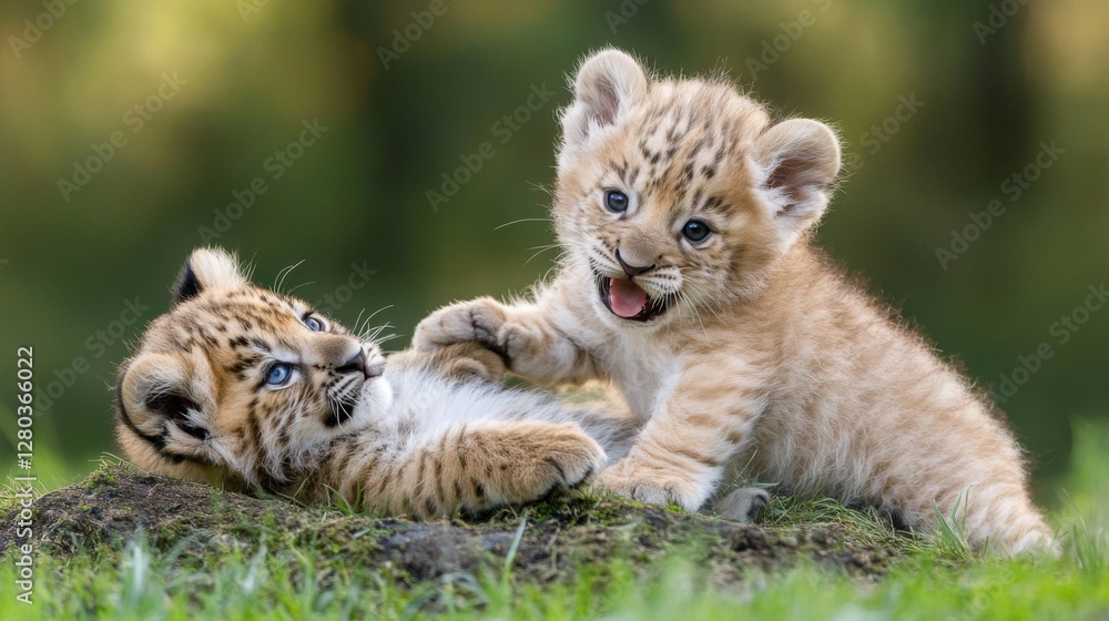 Obraz premium Two Playful Lion Cubs Wrestling on Grassy Ground