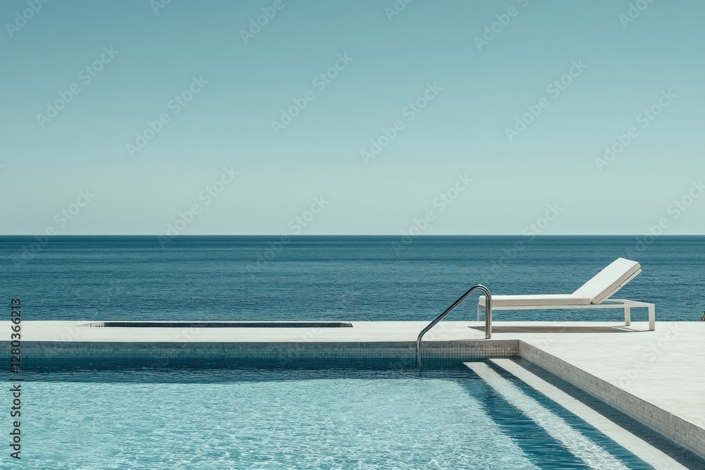 Fototapeta premium Oceanfront Poolside Lounge Chair, Calm Seascape