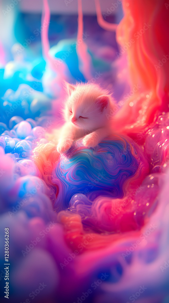 Kitten Dreams in Vibrant Color Swirl, Fluffy Paws Resting Softly Amidst Pastel Hues and Dreamy Texture. Kitten Dreams in Vibrant Color Swirl, Fluffy Paws Resting Softly Amidst Pastel Hues and Dreamy Texture.
