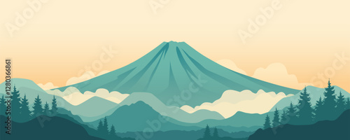 Beautiful mountain landscape with a dormant volcano, fog and forest. Vetorny landscape illustration of an old volcano. Stunning mountain volcano. Climbing and hiking concept. Mountain nature.