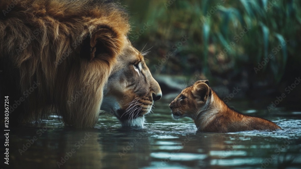 Majestic Lion and Cub in a Tranquil Water Setting Majestic Lion and Cub in a Tranquil Water Setting