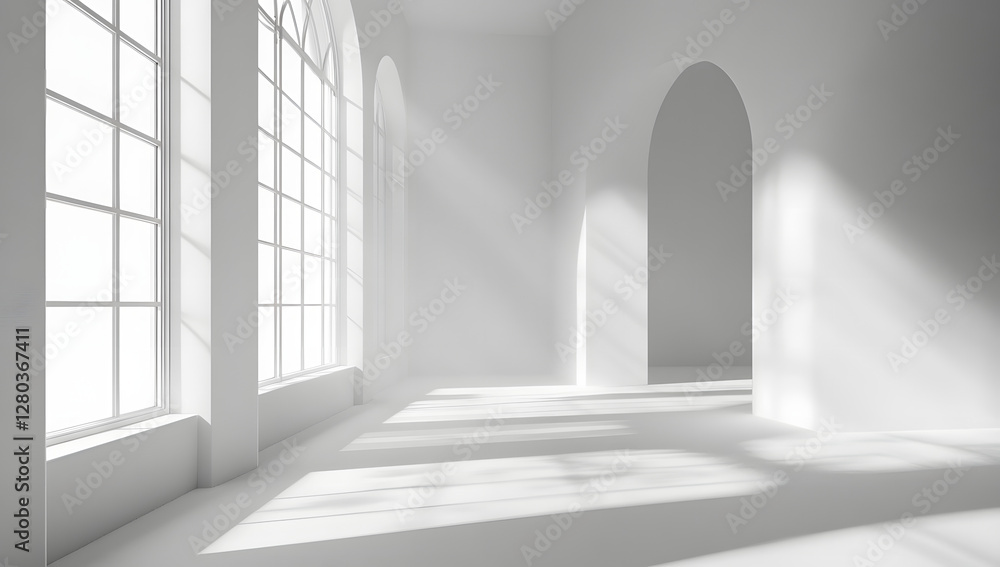 Fototapeta premium Serene White Room with Archways and Sunlight Streaming Through Windows