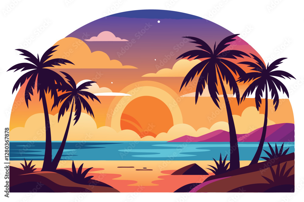 Colorful Sunset Beach Scene with Palm Trees.A vibrant and stylized illustration of a tropical beach at sunset. Colorful Sunset Beach Scene with Palm Trees.A vibrant and stylized illustration of a tropical beach at sunset.