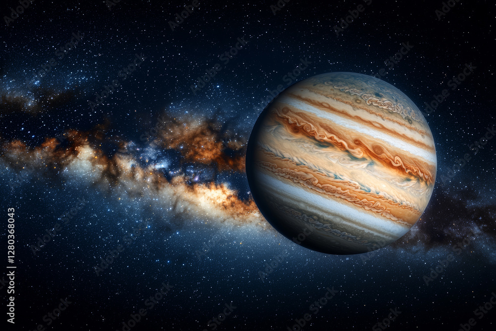 Jupiter and Earth alignment in deep space. Jupiter with vibrant bands against starry galaxy backdrop Jupiter and Earth alignment in deep space. Jupiter with vibrant bands against starry galaxy backdrop
