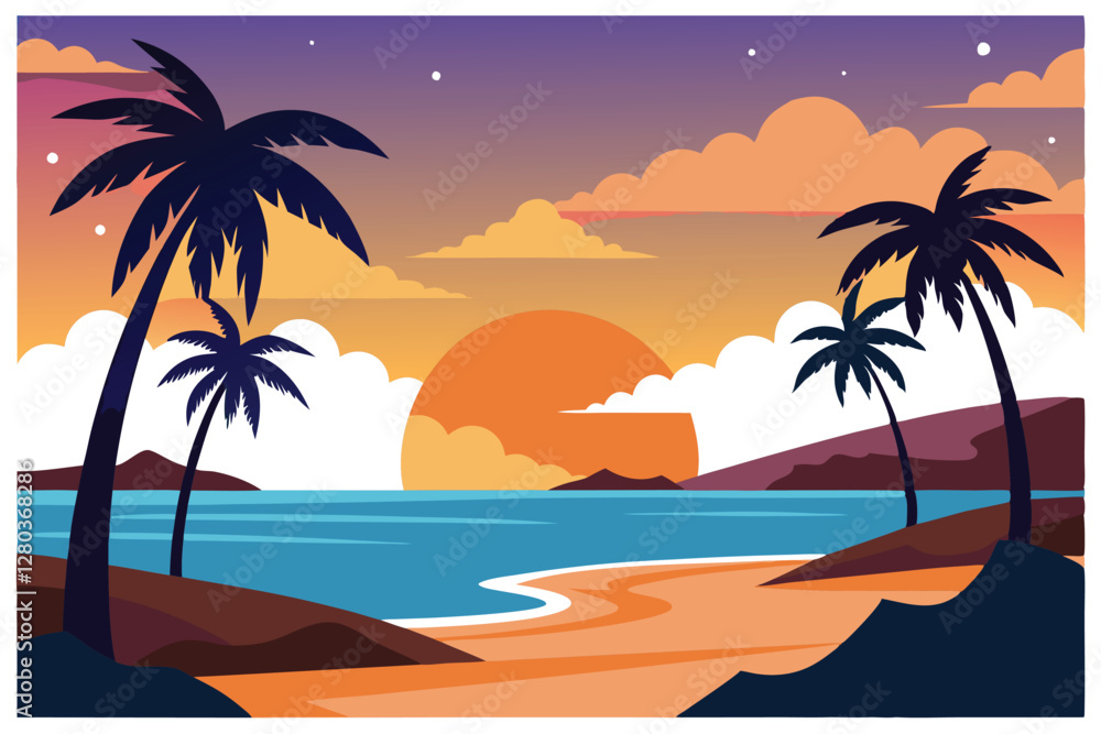 Obraz premium Colorful Sunset Beach Scene with Palm Trees.A vibrant and stylized illustration of a tropical beach at sunset.