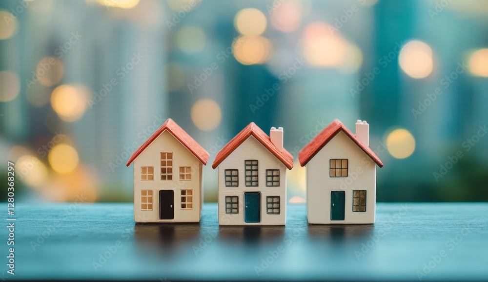 Miniature houses on table, city lights bokeh background Miniature houses on table, city lights bokeh background