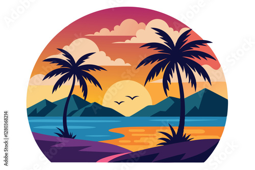 Wallpaper Mural Colorful Sunset Beach Scene with Palm Trees.A vibrant and stylized illustration of a tropical beach at sunset. Torontodigital.ca