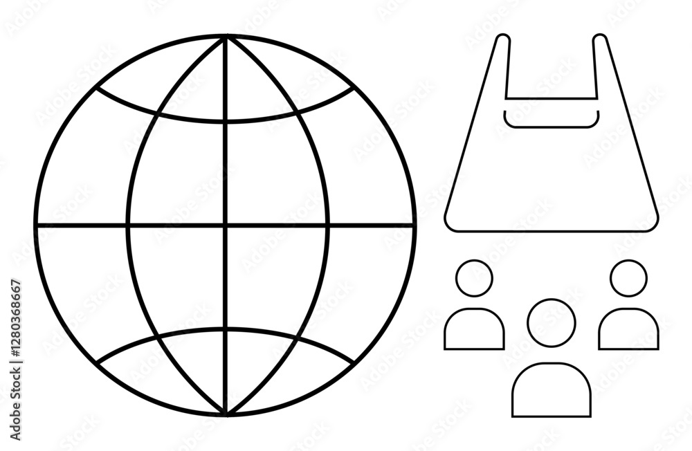 Earth globe, plastic bag, and human silhouettes. Ideal for environmental awareness, sustainability, global connectivity, community, pollution social responsibility and education. Simple abstract Earth globe, plastic bag, and human silhouettes. Ideal for environmental awareness, sustainability, global connectivity, community, pollution social responsibility and education. Simple abstract