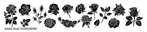 Set of black silhouettes of decorative fresh blossoming rose with steam and leaves. Hand drawn outline flower icon. Vector monochrome illustrations isolated