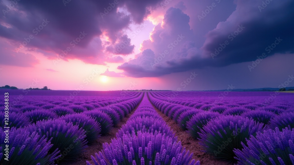 Obraz premium A vast lavender field under a dramatic sky with vibrant purple flowers and rows leading to the horizon, illuminated by a colorful sunset.