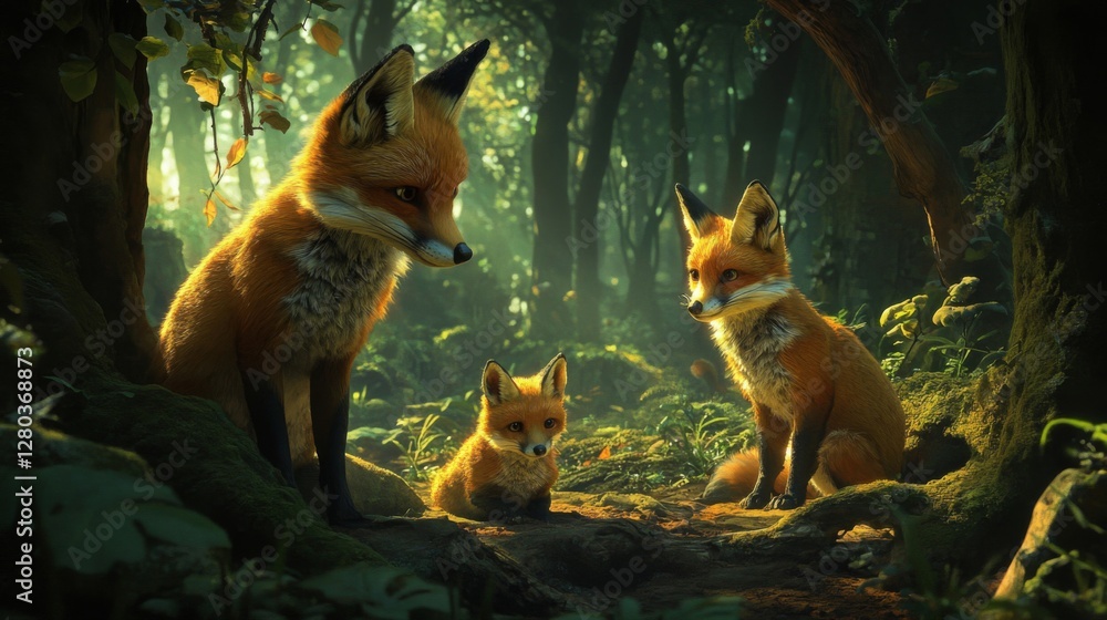 Obraz premium Red Fox Family in a Mystical Forest