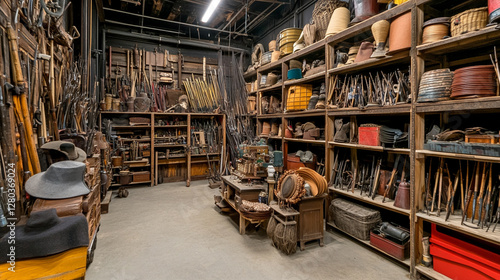A cluttered, rustic prop room filled with antique tools, containers, and various items on wooden shelves.