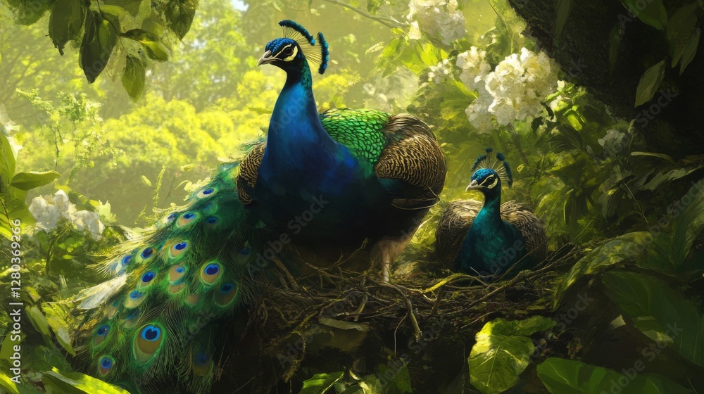 Obraz premium Peacock and Chick in Lush Green Nest