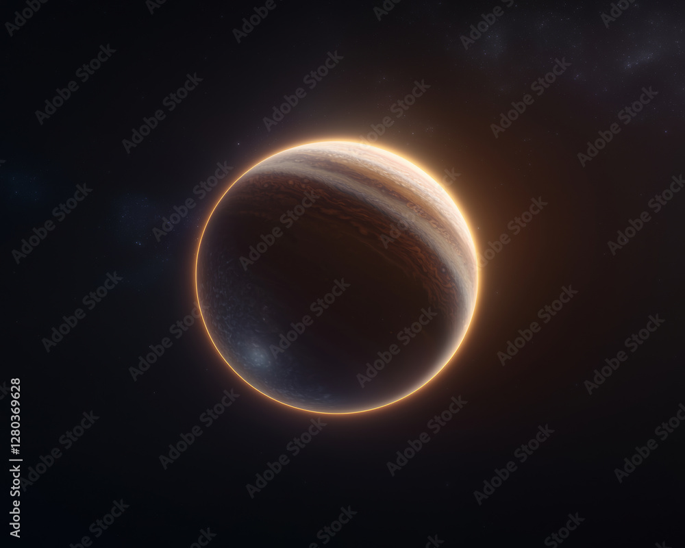 Obraz premium Jupiter and Earth alignment in deep space. glowing planet eclipses another in space with radiant edge