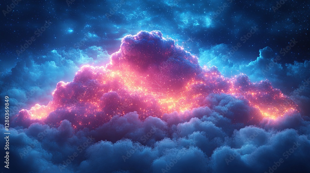Glowing connections in a cloud computing network symbolize seamless digital integration and innovation. Glowing connections in a cloud computing network symbolize seamless digital integration and innovation.