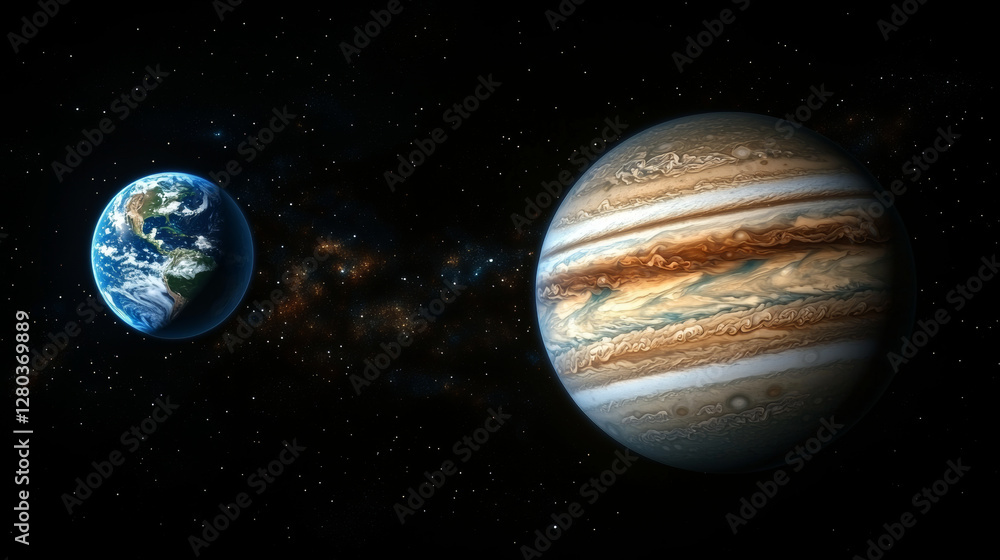 Jupiter and Earth alignment in deep space. Earth and Jupiter in outer space with starry background Jupiter and Earth alignment in deep space. Earth and Jupiter in outer space with starry background